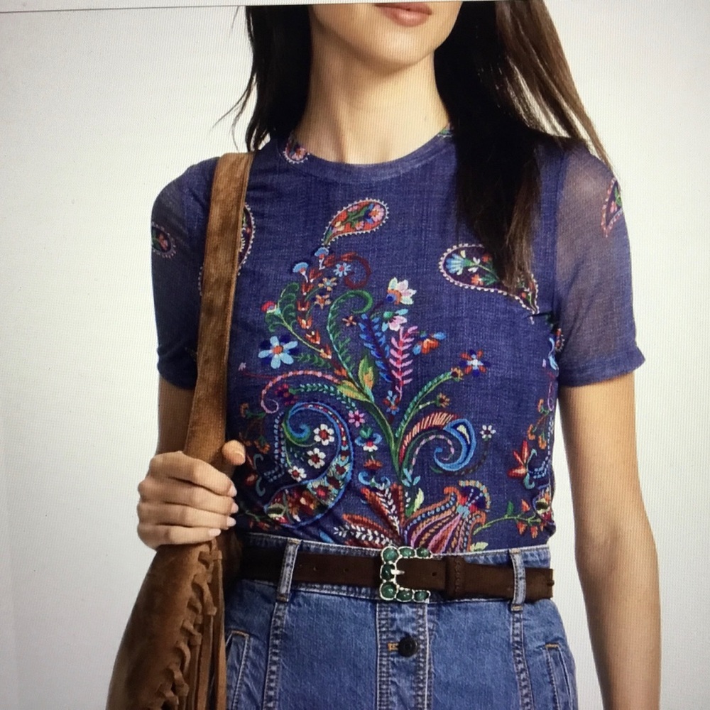 Johnny Was mesh tee with embroidered paisley design.  NWT Medium